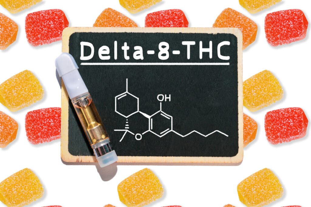 Delta-8 THC molecular structure with gummies and a vape cartridge