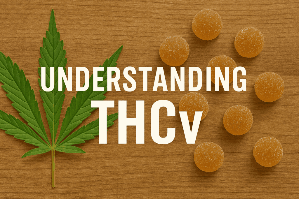 Understanding THCv with cannabis leaf and weed gummies on a wood background